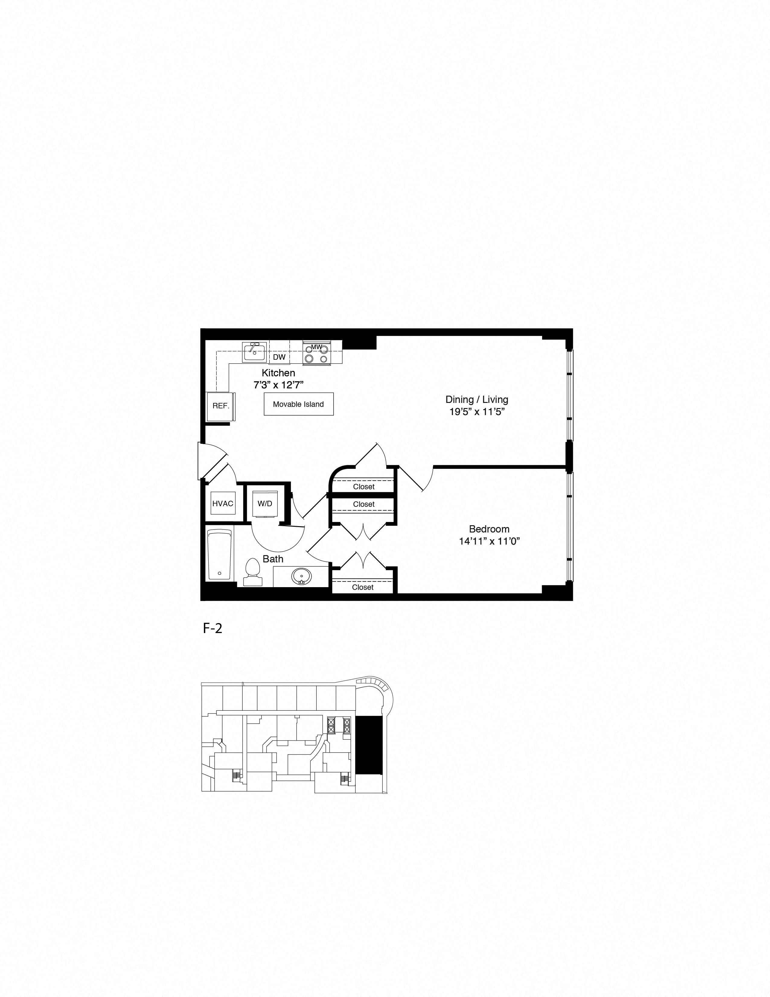Floor plan for 1 bed, 1 bath, 768 sqft